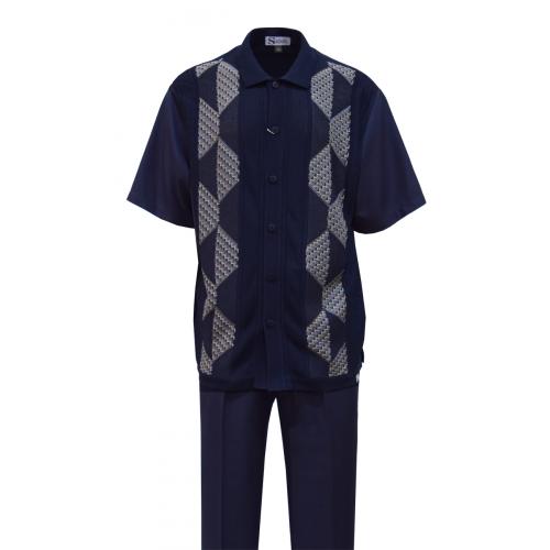 Silversilk Navy / Camel / Blue Geometric Design Short Sleeve Knitted Outfit 4300